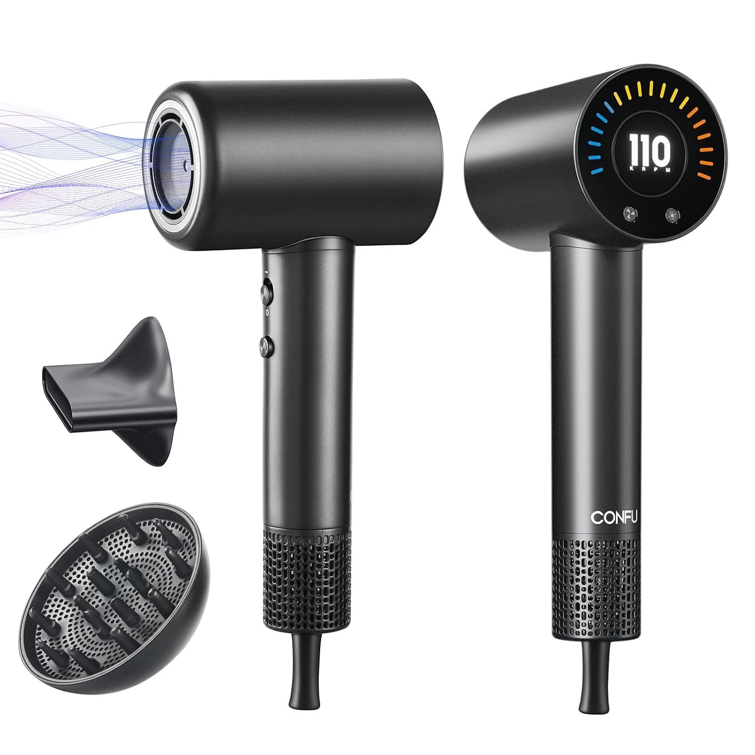 Ionic Hair Dryer with Magnetic Diffuser and Concentrator - Lightweight, Grey