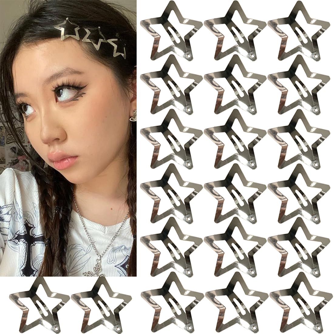 Star Snap Clips in Metal, 1.22 in - 20 Pieces, Non-Slip