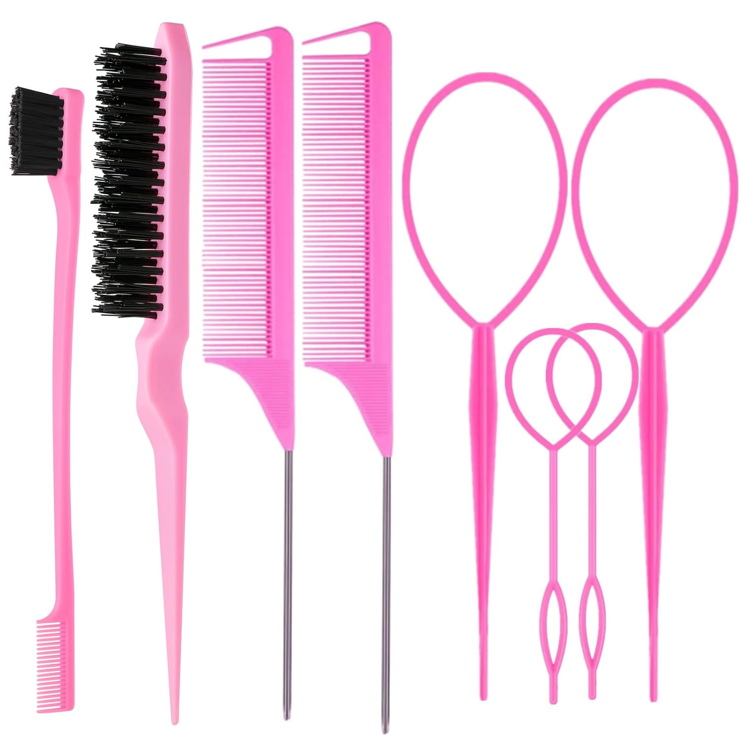 Hair Styling Set with Topsy Tail Tools, Teasing Brush and Rat Tail Combs - 8 Pieces, Pink