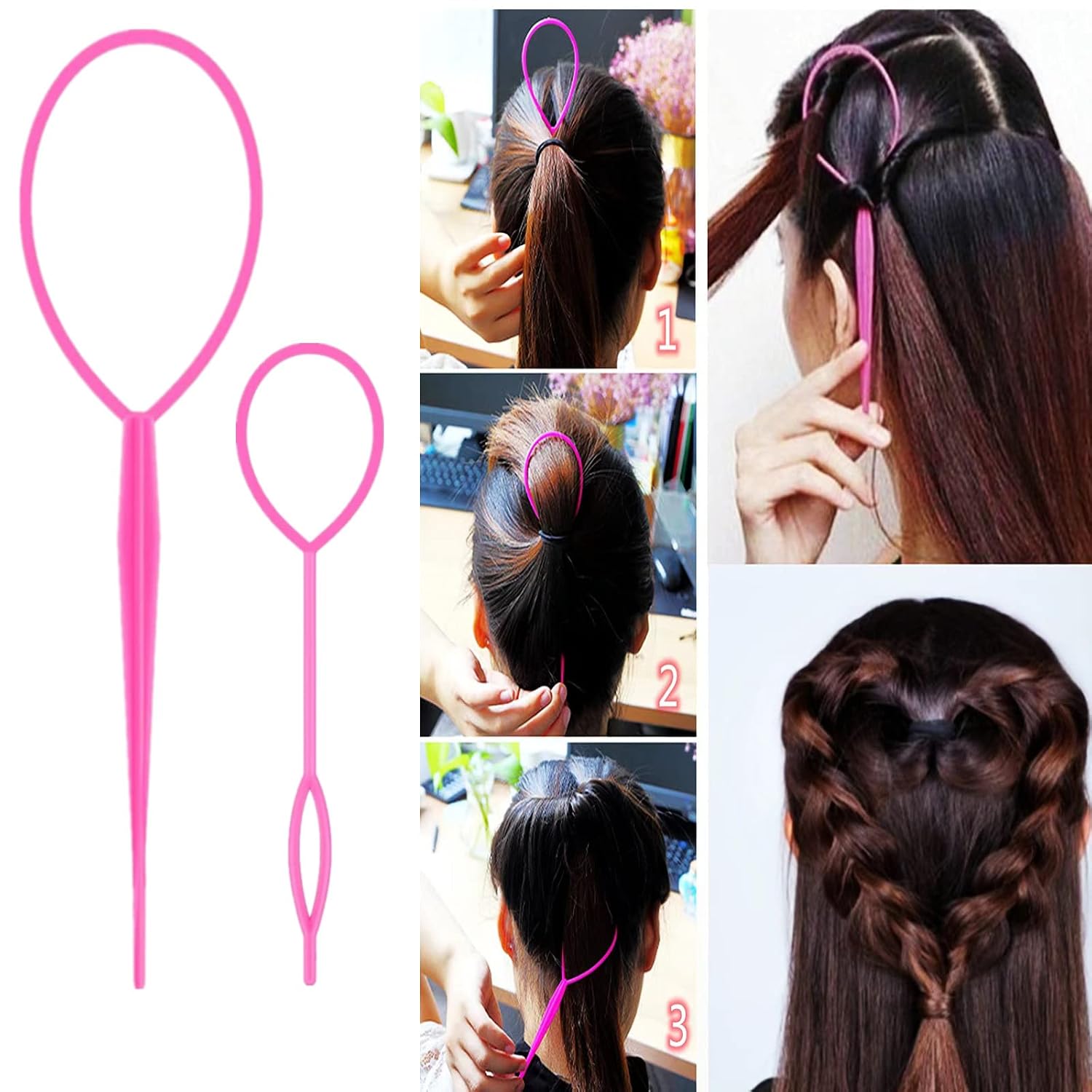 Hair Styling Set with Topsy Tail Tools, Teasing Brush and Rat Tail Combs - 8 Pieces, Pink
