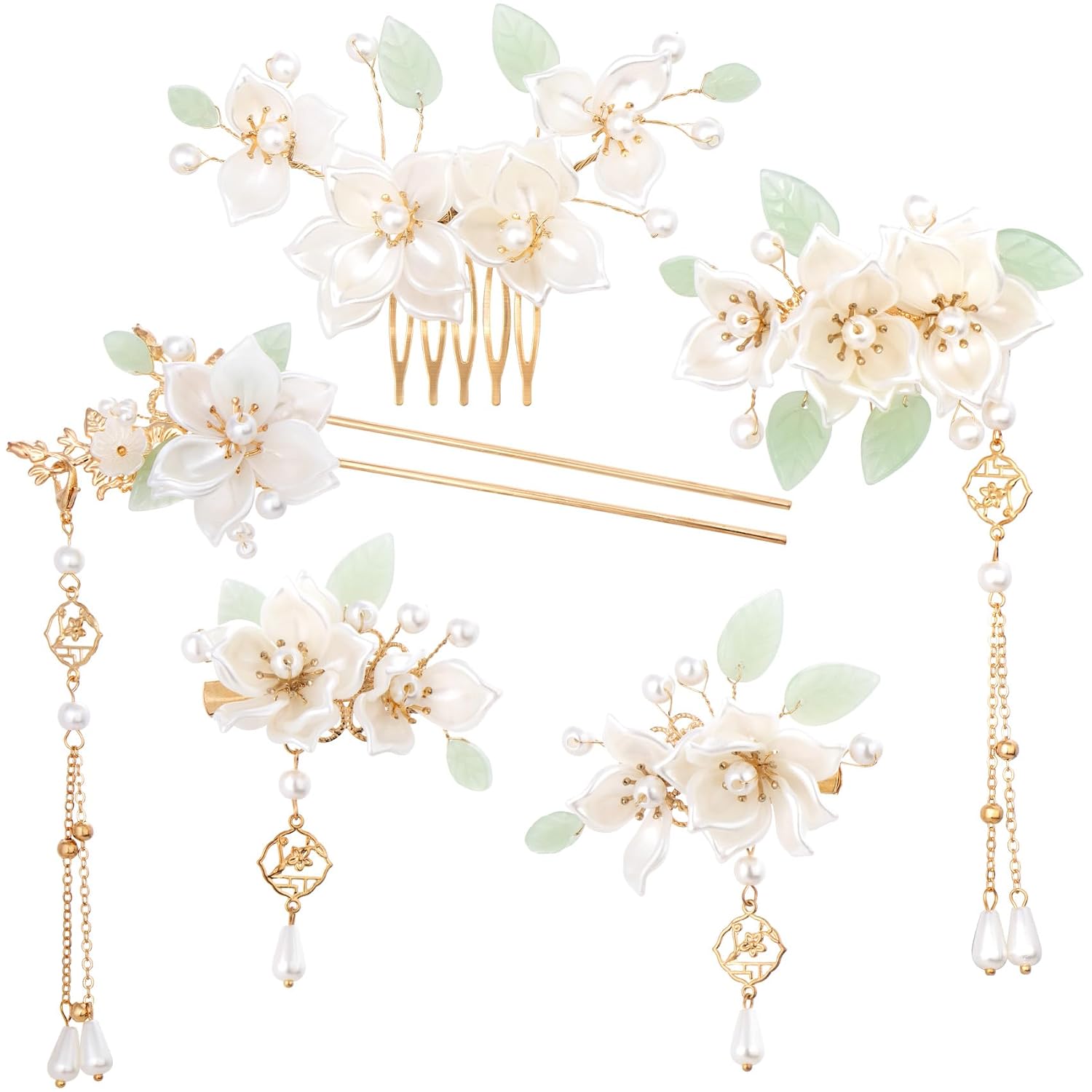Flower Tassel Hairpins with Faux Pearls - 5 Pieces, Alloy, White