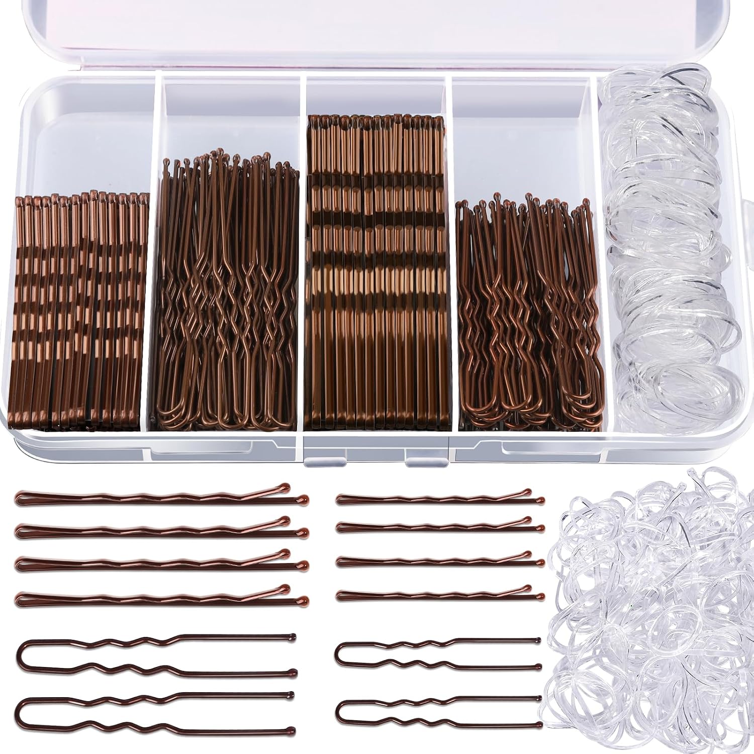 Bobby Pin and Hair Pin Kit with Storage Box - 300 Pieces, Brown and Clear