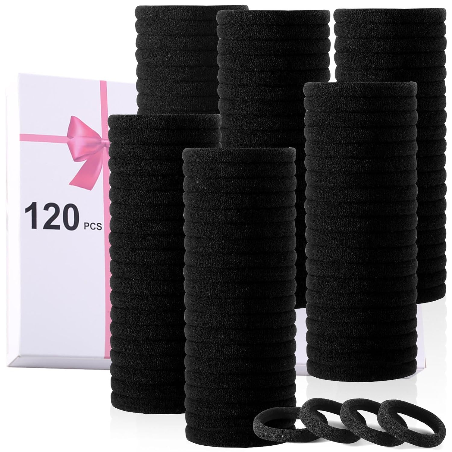 Seamless Nylon Hair Ties for Thick Hair - 120 Pieces, Black