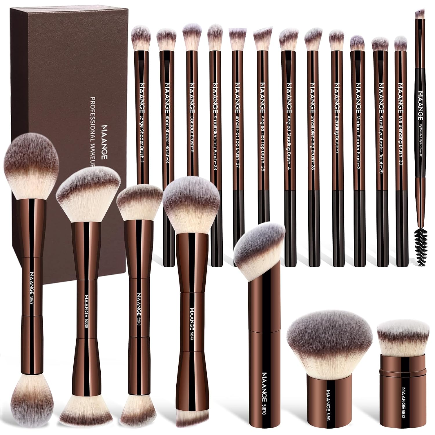 Double-Ended Makeup Brush Set with Gift Box - 20 Pieces, Coffee Brown